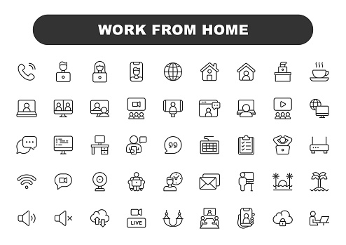 Work from Home and Remote Work Line Icons. Editable Stroke. Contains such icons as Wifi, Video Chat, Video Conference, Business Meeting, Online Messaging, Video Call, Office Desk, Camera.