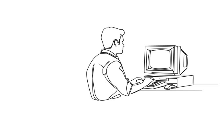 animated single line drawing of man using old personal computer with crt monitor