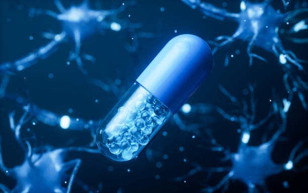 istock Medical capsule and biology nerve cell background, 3d rendering. 2149753847
