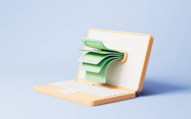 istock A laptop and money coming from it, 3d rendering. 2149754015
