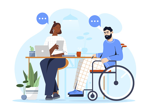 Vector illustration of a man in a wheelchair and woman conversing at a table, on a light blue background, depicting inclusivity. Vector illustration