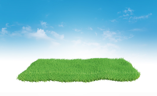 3d rendering, podium of land meadow. Green grass field over blue sky background.