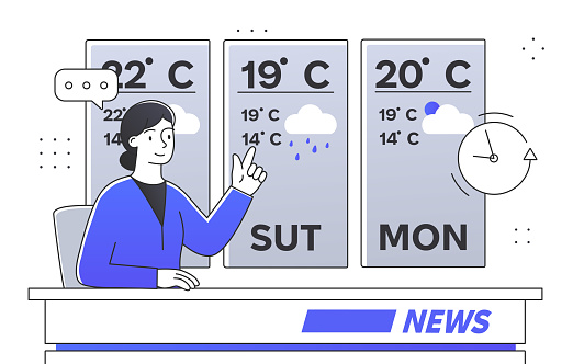 Online weather forecast or broadcast concept. Presenter pointing to the data in the temperature chart behind her back. Meteorology newscast. Meteorological news and announcement. Vector illustration
