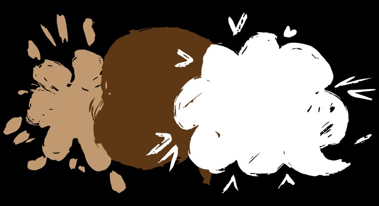White and brown graffiti speech bubble animation on black background.
