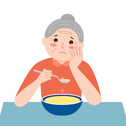 Senior woman feel not hungry concept vector illustration on white background. Old female unable to eat. No appetite.