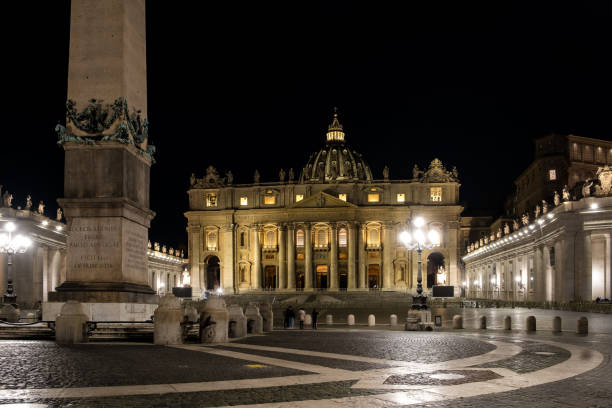 Saint Peter’s Basilica dome illuminated at night. Vatican City. Rome, Italy