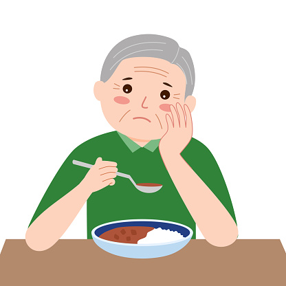 Senior man feel not hungry concept vector illustration on white background. Old man unable to eat. No appetite.