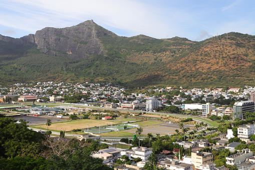Panorama view of Port Louis, the capital of Mauritius in the Indian Ocean. View from Citadelle Fort.
