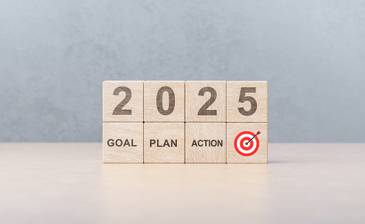 2025 new year goal plan action. Goal achievement. Ambition aiming success. Setup objective target business planning of new year concept. business planning in 2025. Target concept for new year 2025
