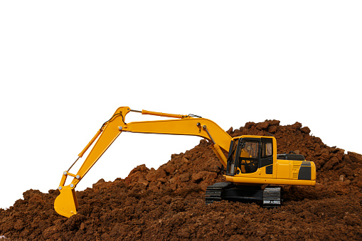 Excavator loader is digging in the construction site work  isolated on white background