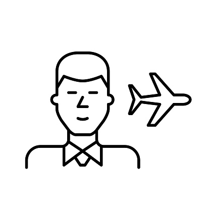 Smartly dressed man in shirt and tie and airplane silhouette. Business trip. Pixel perfect, editable stroke vector icon