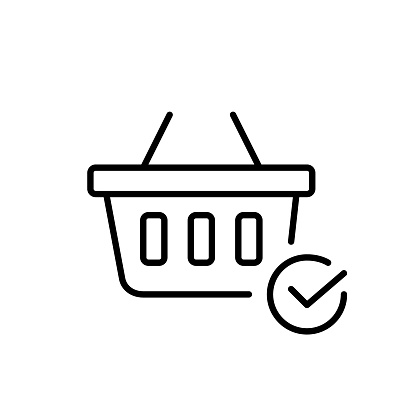 Basket with checkmark symbol. items added automatically checked off from a shopping list or marked as purchased. Pixel perfect, editable stroke vector icon