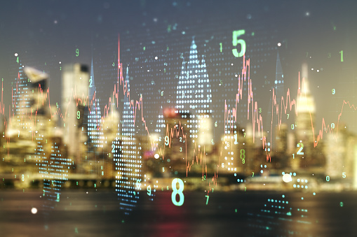 Multi exposure of virtual creative financial chart hologram on blurry cityscape background, research and analytics concept