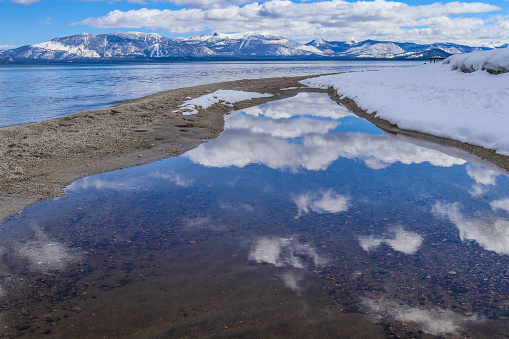 Lake Tahoe - El Dorado County, CA - Clouds Reflected In Water - Spring Snow - High Sierra Vista - March