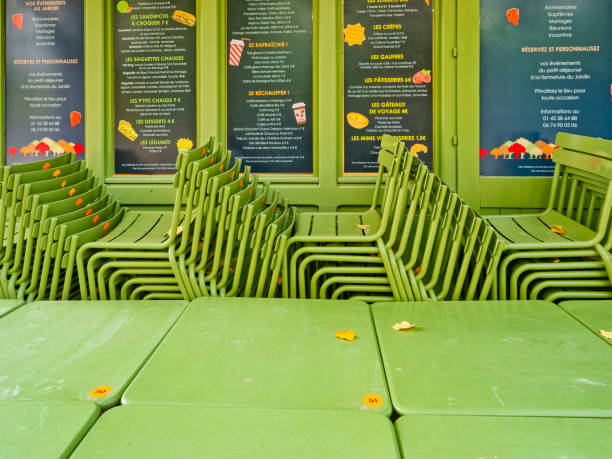 The City of Paris France on October 20, 2023:    Stacked chairs at the end of the day for a snack bar  located in the Jardin du Luxembourg public park in Paris France