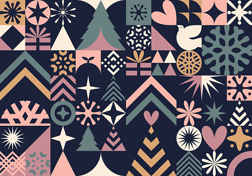 Seamless grey, white, pink and blue retro Bauhaus Christmas design background vector pattern illustration for use on Christmas cards and wrapping paper designs.