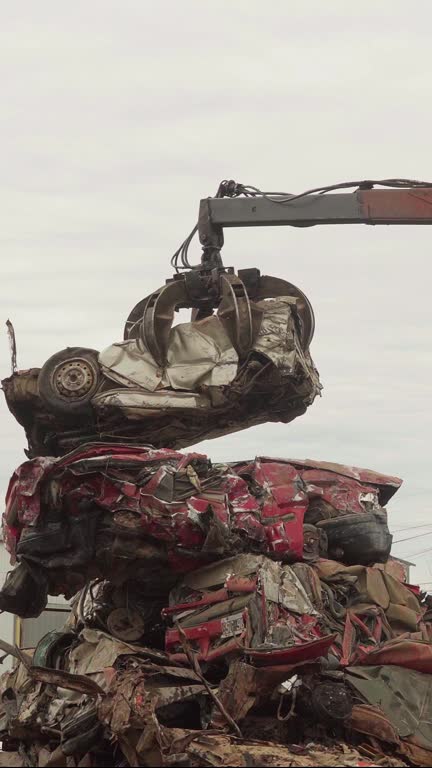 Vertical view of a hydraulic claw placing a crushed car on a pile in a junkyard.