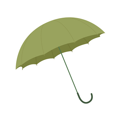 Open green umbrella, protective cute accessory with handle vector illustration