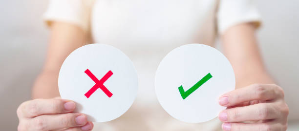istock Woman show Wrong and Right symbol paper. True and false, accept and rejected, evaluation, Vote, Poll, Yes or No and Survey concepts 2149771206