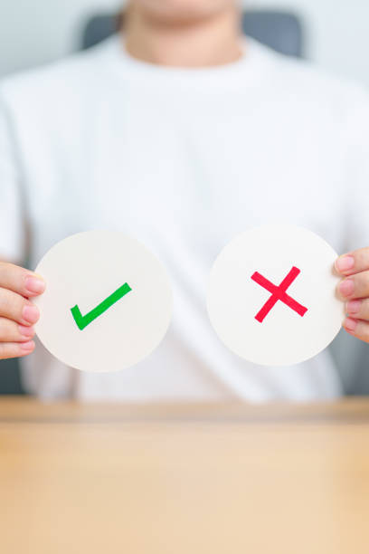 istock Woman show Wrong and Right symbol paper. True and false, accept and rejected, evaluation, Vote, Poll, Yes or No and Survey concepts 2149771240