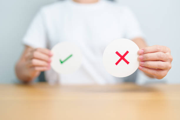 istock Woman show Wrong and Right symbol paper. True and false, accept and rejected, evaluation, Vote, Poll, Yes or No and Survey concepts 2149771273