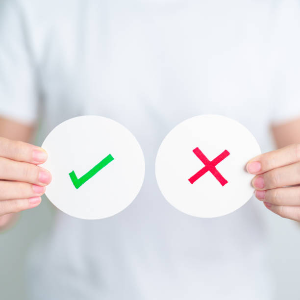 istock Woman show Wrong and Right symbol paper. True and false, accept and rejected, evaluation, Vote, Poll, Yes or No and Survey concepts 2149771515