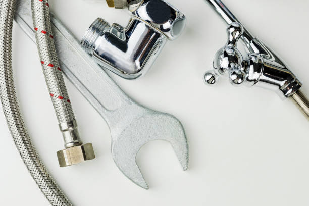 istock Plumbing parts, accessories and tools on a white background with copy space. 2149771707