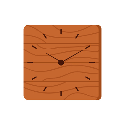 Square wooden wall clock for home with dial and black hands vector illustration