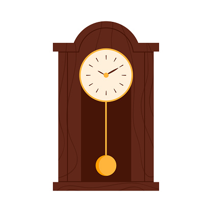 Antique wall hanging clock with dial and ticking golden pendulum to measure time vector illustration