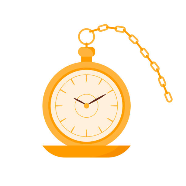 Gold vintage pocket watch with chain, circle dial and open cover Gold vintage pocket watch with chain, circle dial and open cover vector illustration watch cartoon gold illustration and painting stock illustrations