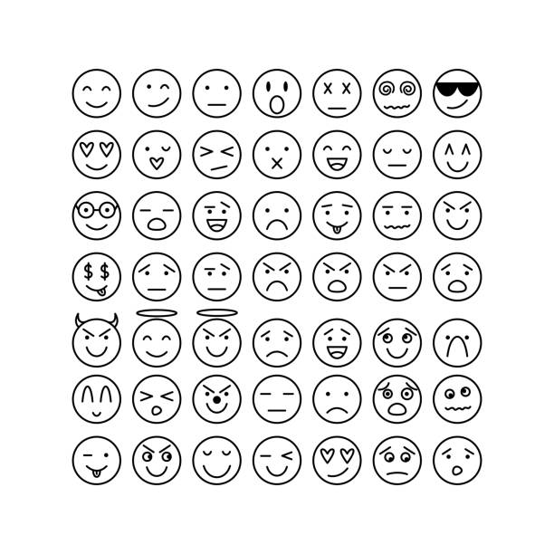 stockillustraties, clipart, cartoons en iconen met funny editable stroke doodle faces collection. emoticon with different emotions set. vector illustration of emoji icons outline. - emoties