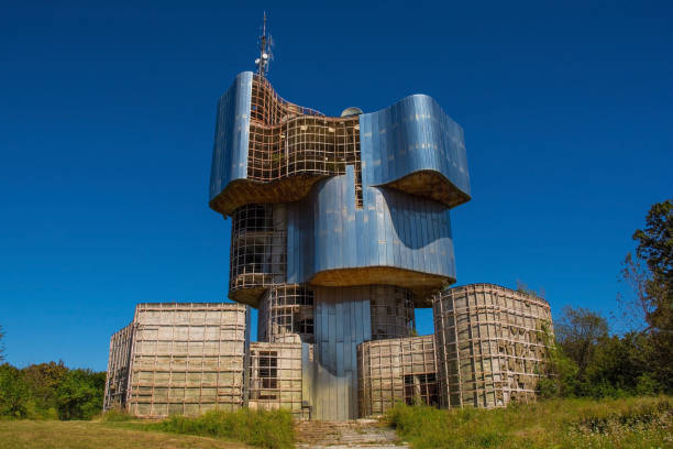 The now derelict Yugoslav-era WW2 partisan Monument to the Uprising of the People of Kordun and Banija on Veliki Petrovac in Petrova Gora National Park, north west Croatia. Constructed from poured concrete, rebar, steel frame, stainless steel plates