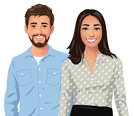 Vector illustration of a young men with a beard and a woman with long dark hair standing next to each other, looking at the camera, isolated on white. Part of a series.