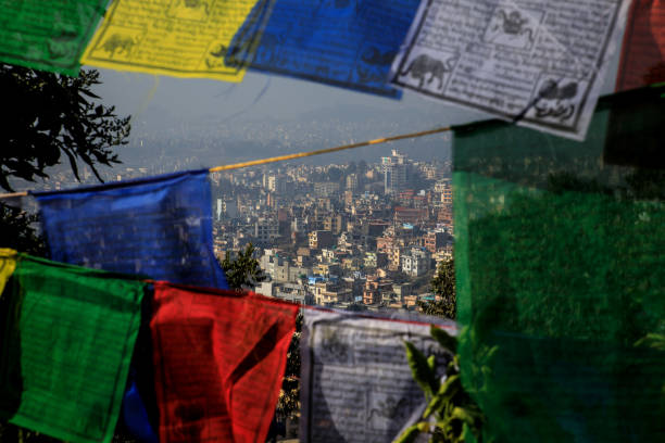 City view of Kathmandu with praying flags