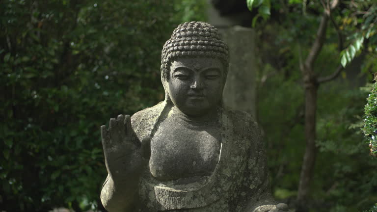 Close up view of a moss-covered stone Buddha statue against a wild garden background