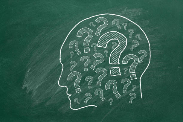 Human head with question marks inside. lustration on green chalkboard.