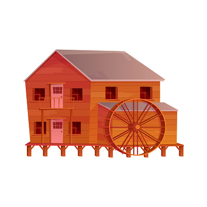 Old wooden house of water mill with wheel for milling wheat grains vector illustration