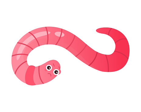 Cute pink sad slimy worm crawling with body curves, garden earthworm vector illustration