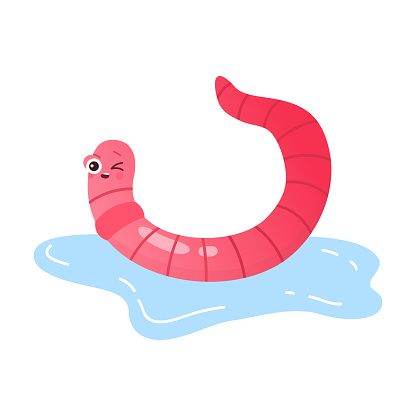 Cute pink worm crawling in puddle of rain water, winking maggot vector illustration