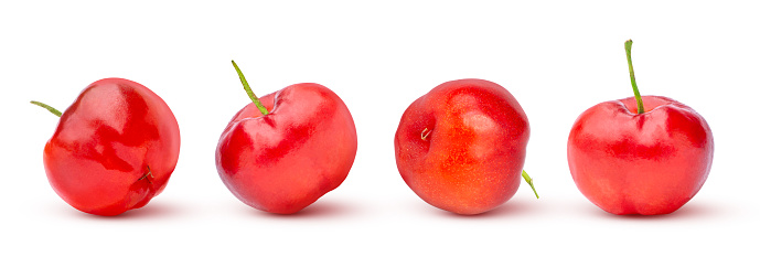 Collection of fresh red acerola cherry fruit isolated on white background.