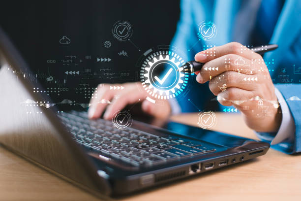 istock Business performance internet checklist. Businessman use computer laptop test online checklist survey, fill digital form poll quiz assessment, education questionnaire evaluation, competition consumer 2149775108
