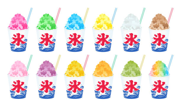ilustrační sada různých příchutí ledové tříště v kelímcích (červený text na šálcích říká v japonštině "led") - koktejl modrá havaj stock ilustrace