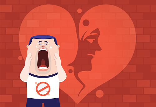 vector illustration of man crying in front of broken heart symbol