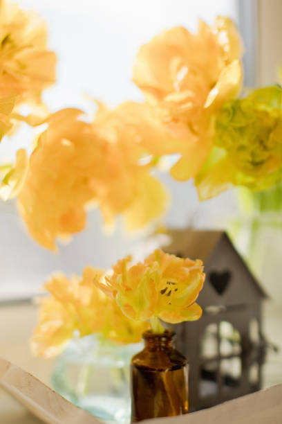 Yellow flower tulip in vase on a wooden tray at windowsill. Flowers, metal vintage house decoration and small glass bottles on windowsill.