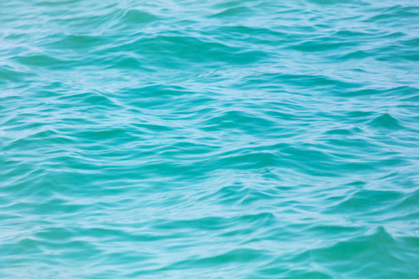Blue water with ripples on the surface. Defocus blurred transparent blue colored clear calm water surface texture with splashes and bubbles. Water waves with shining pattern texture background.