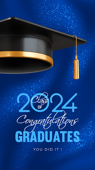 Invitation and congratulations graduates banners, graduate ceremony. Greeting card with 3d black academic caps and lettering on blue background with sparkles. Vector illustration