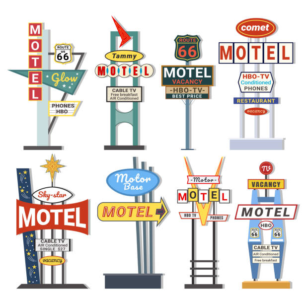 Classic American signboard retro stand street pointer advertising set isometric vector illustration Classic American signboard retro stand street pointer advertising set isometric vector illustration. Highway billboard roadside promotion motel vacancy restaurant poster signage with arrow and frame roadside motel stock illustrations