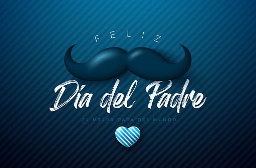 Happy Father's Day Greeting Card Design with Heart and Mustache on Dark Blue Background. Feliz Dia del Padre Spanish Language Vector Illustration for Dad. Template for Banner, Flyer or Poster