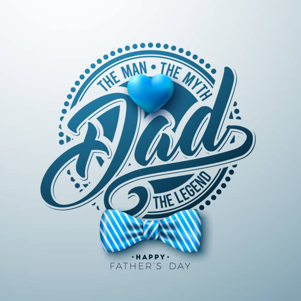 Happy Father's Day Greeting Card Design with Heart and Striped Bow Tie on Light Background. Papa the Men, The Myth, The Legend Vector Celebration Illustration for Best Dad. Template for Banner, Flyer or Poster. Happy Father's Day Greeting Card Design with Heart and Striped Bow Tie on Light Background. Papa the Men, The Myth, The Legend Vector Celebration Illustration for Best Dad. Template for Banner, Flyer or Poster fathers day stock illustrations