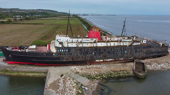 Drone point of view of abandoned ex British Railways steam ship ferry